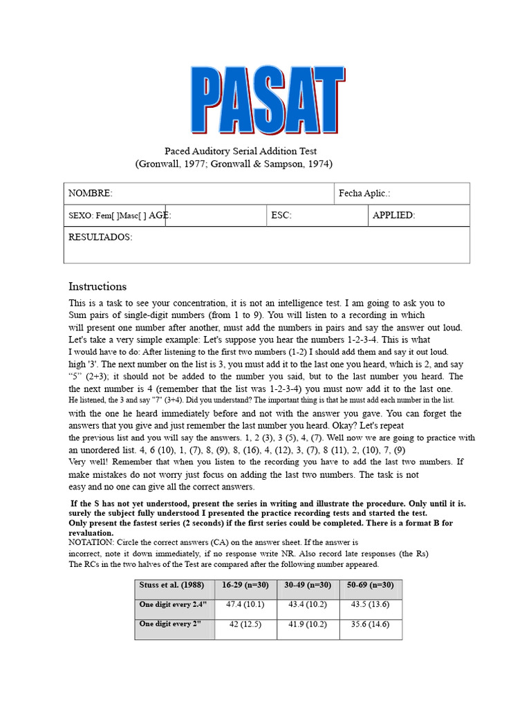 PASAT. Application Protocol | PDF | Cognition | Cognitive Science