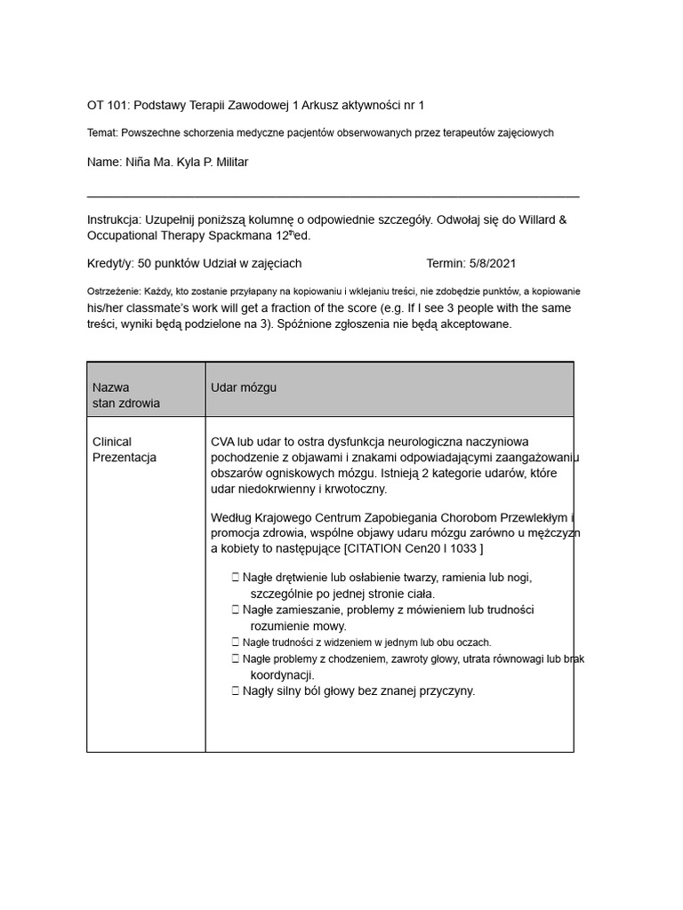 OT 101 - Podstawy Terapii Zawodowej 1 Arkusz Aktywności NR 1 | PDF