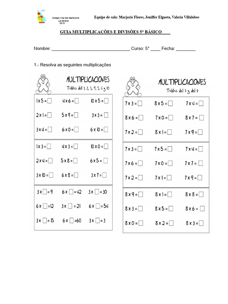 Guia de Multiplicações e Divisões 5º Ano | PDF