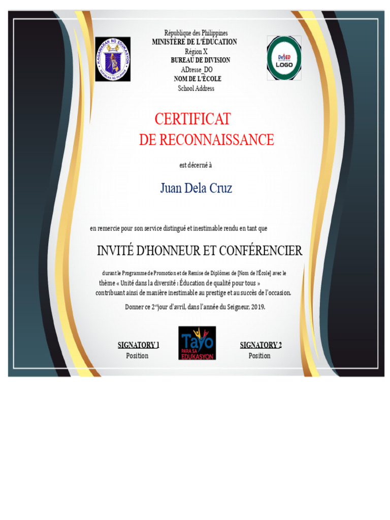 Certificat de reconnaissance pour Juan Dela Cruz | PDF