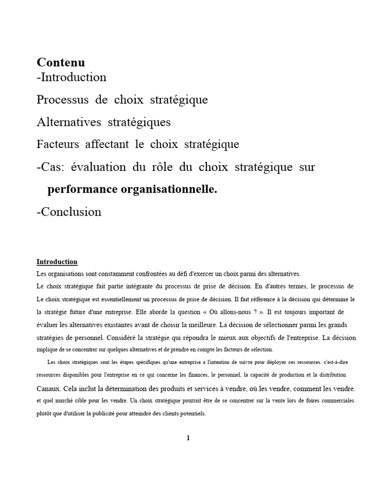 Choix stratégique et performance organisationnelle | PDF | Business ...