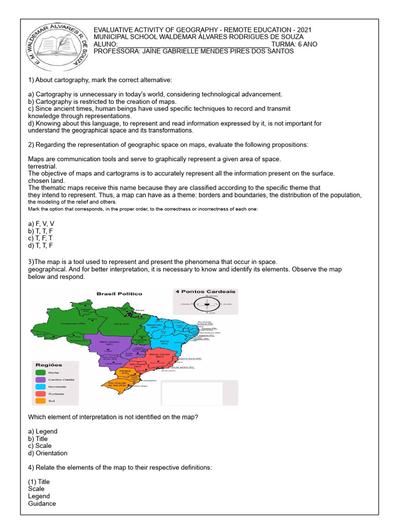 Assessment Activity in Geography 6th Grade | PDF | Map | Cartography