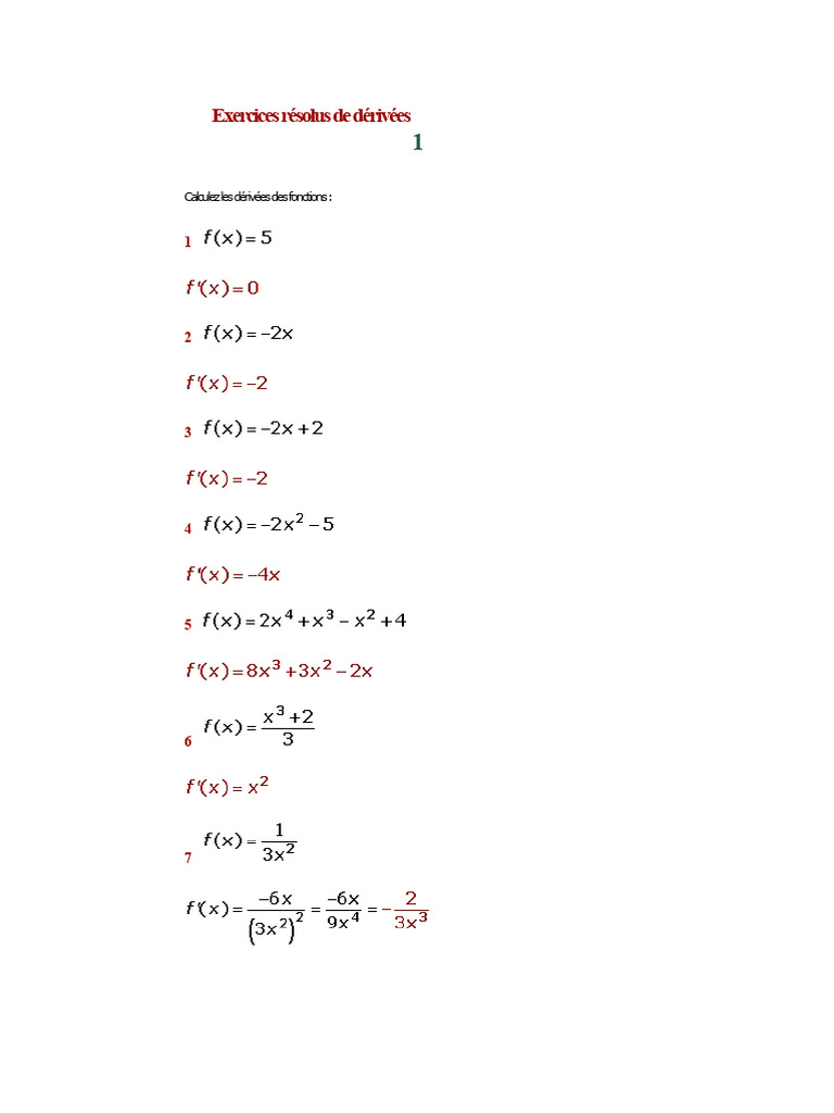 Exercices de dérivées résolus en mathématiques | PDF