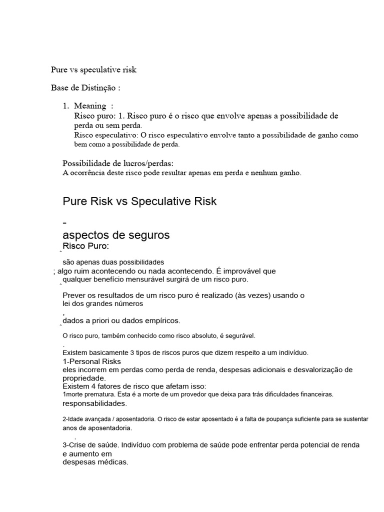 Diferenças entre Risco Puro e Especulativo | PDF | Avaliação de risco ...