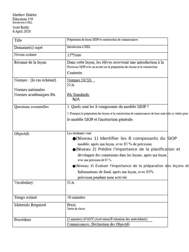 Introduction au modèle SIOP en leçon | PDF