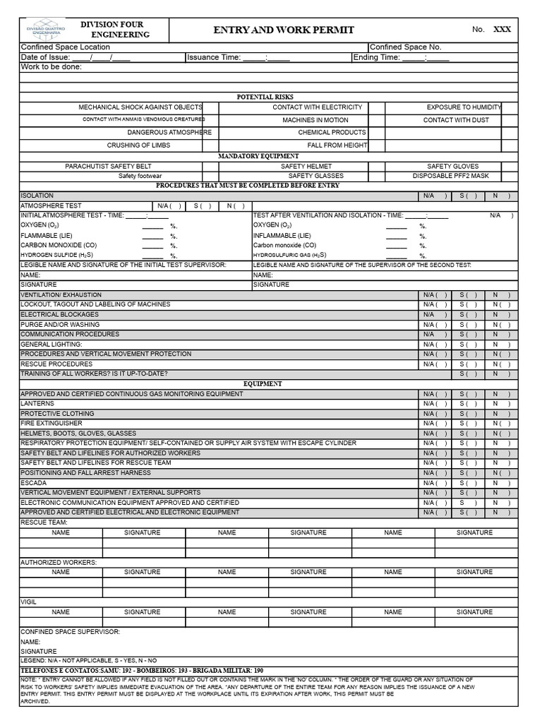 Confined Space Entry Permit Template | PDF | Workplace | Working Conditions