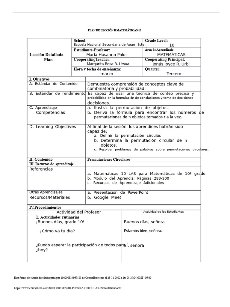 Lección sobre Permutaciones Circulares | PDF | Permutación | Combinatoria