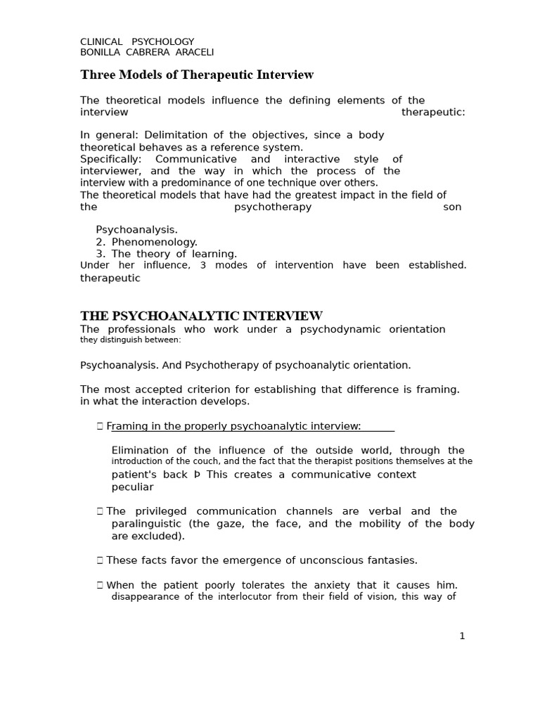 Therapeutic Interview Models in Psychology | PDF | Psychoanalysis ...
