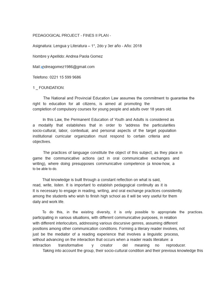 Pedagogical Project for Language Education | PDF | Genre | Discourse
