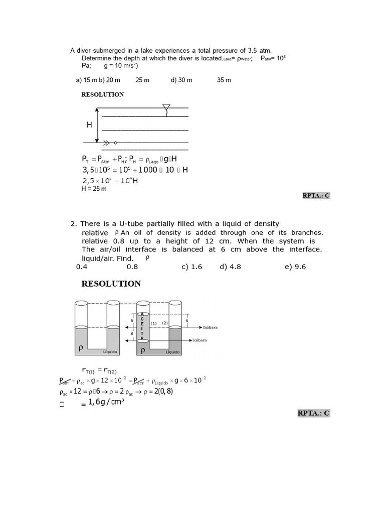Hydrostatics Pressure and Density Problems | PDF | Pressure | Density