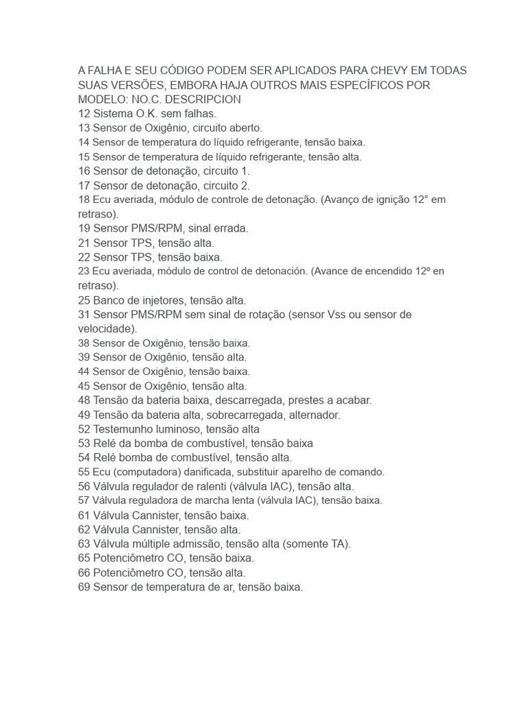 Códigos de Falha para Veículos Chevy | PDF