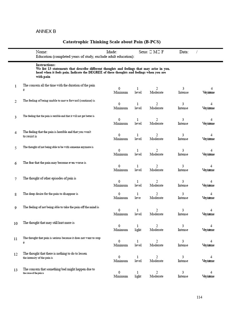 Catastrophic Thinking Scale for Pain | PDF | Pain | Thought