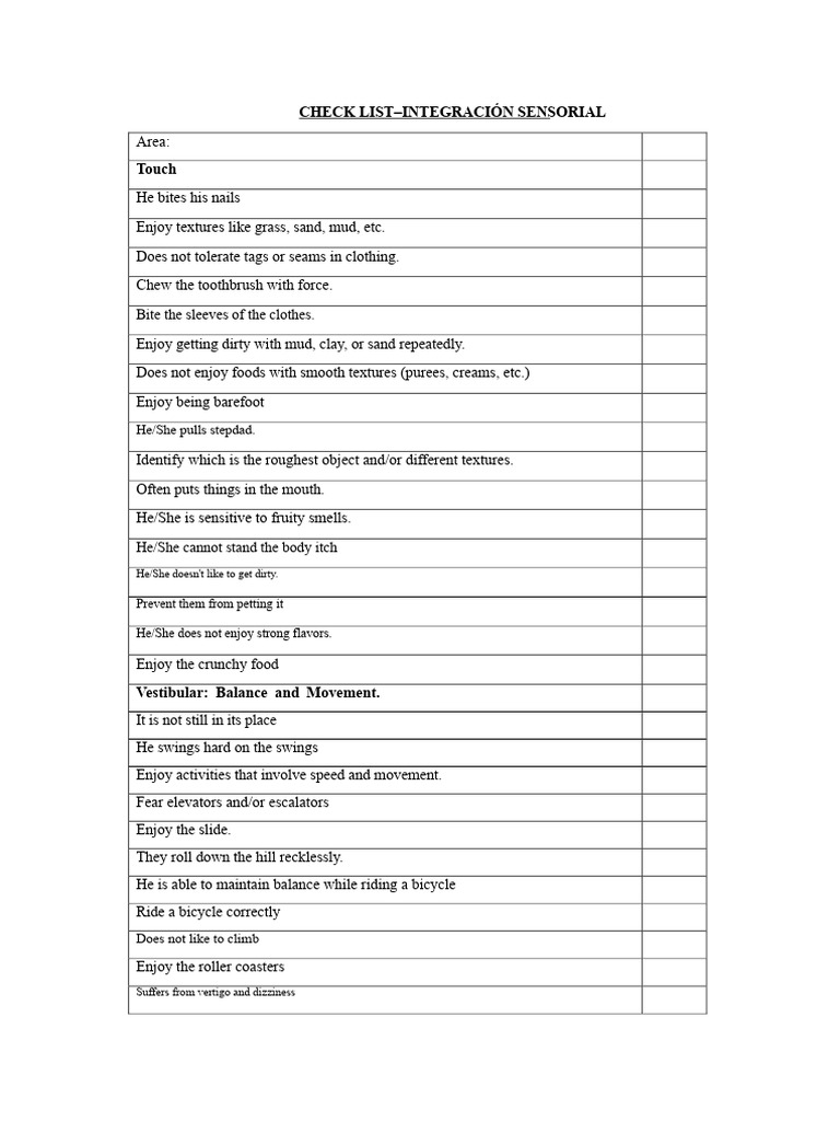 Sensory Integration Checklist for Children | PDF