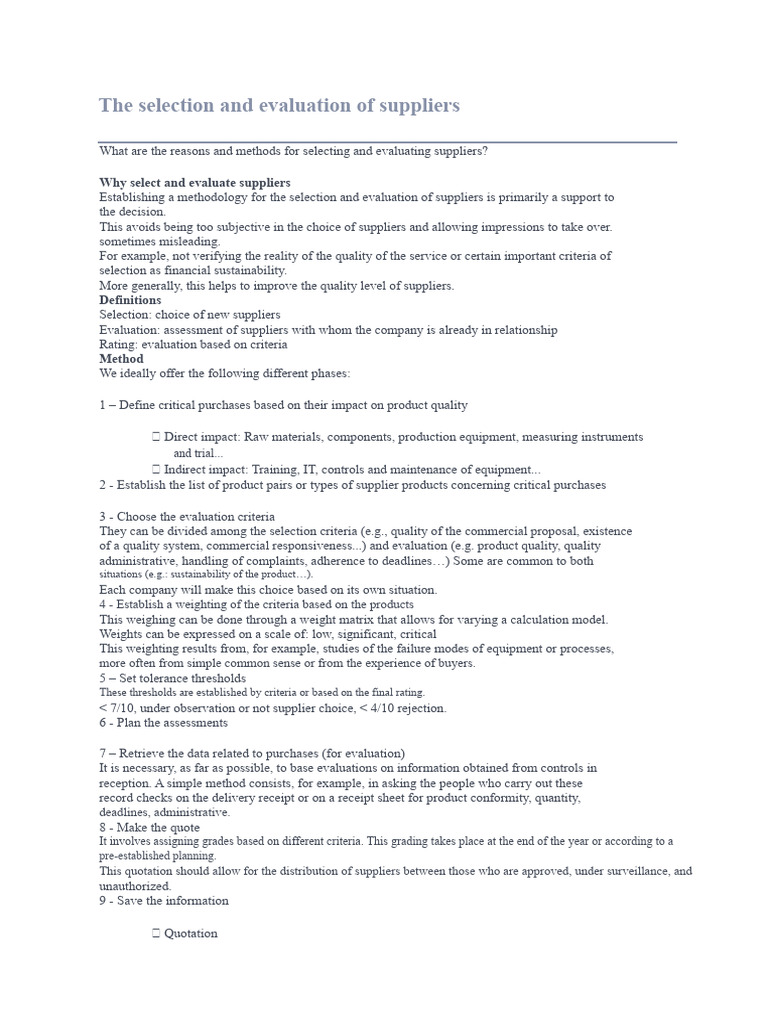 The selection and evaluation of suppliers | PDF | Evaluation | Weight