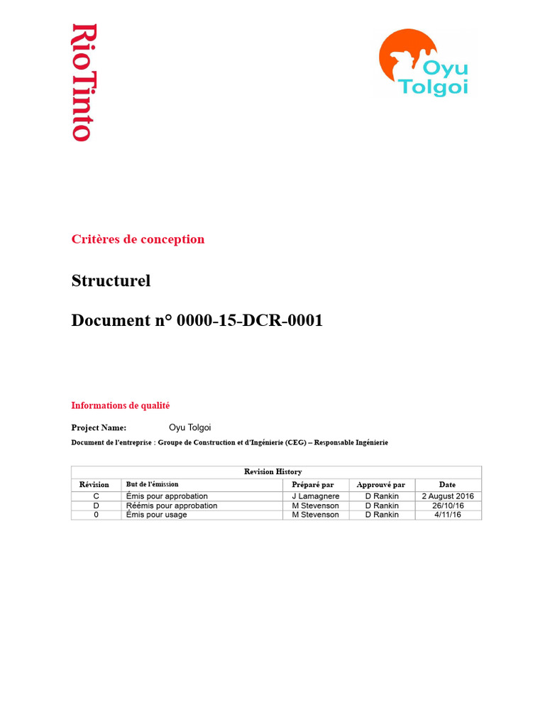 Critères de conception structurelle Oyu Tolgoi | PDF | Acier | Béton