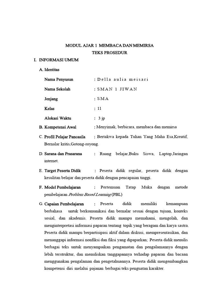 Modul Ajar 1 Teks Prosedur Della Aulia Meisari | PDF