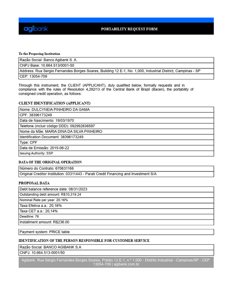 Banco Agibank Portability Request Form | PDF