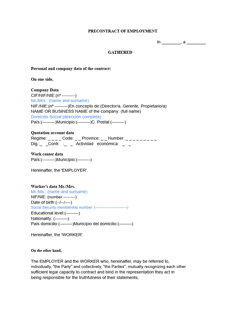 Precontract of Employment Template | PDF | Salary | Employment