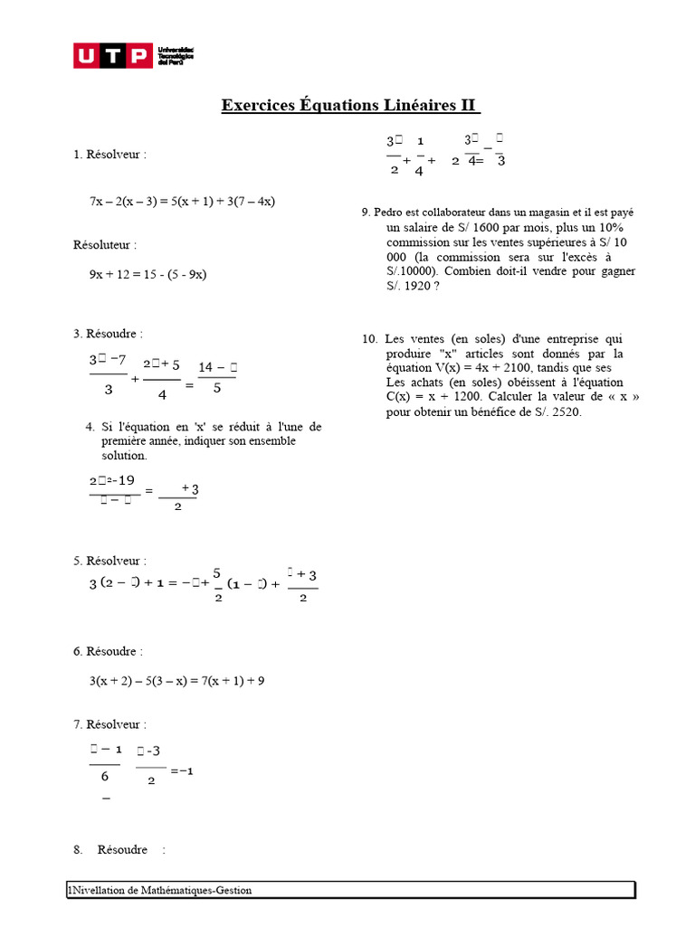 Exercices sur les Équations Linéaires | PDF