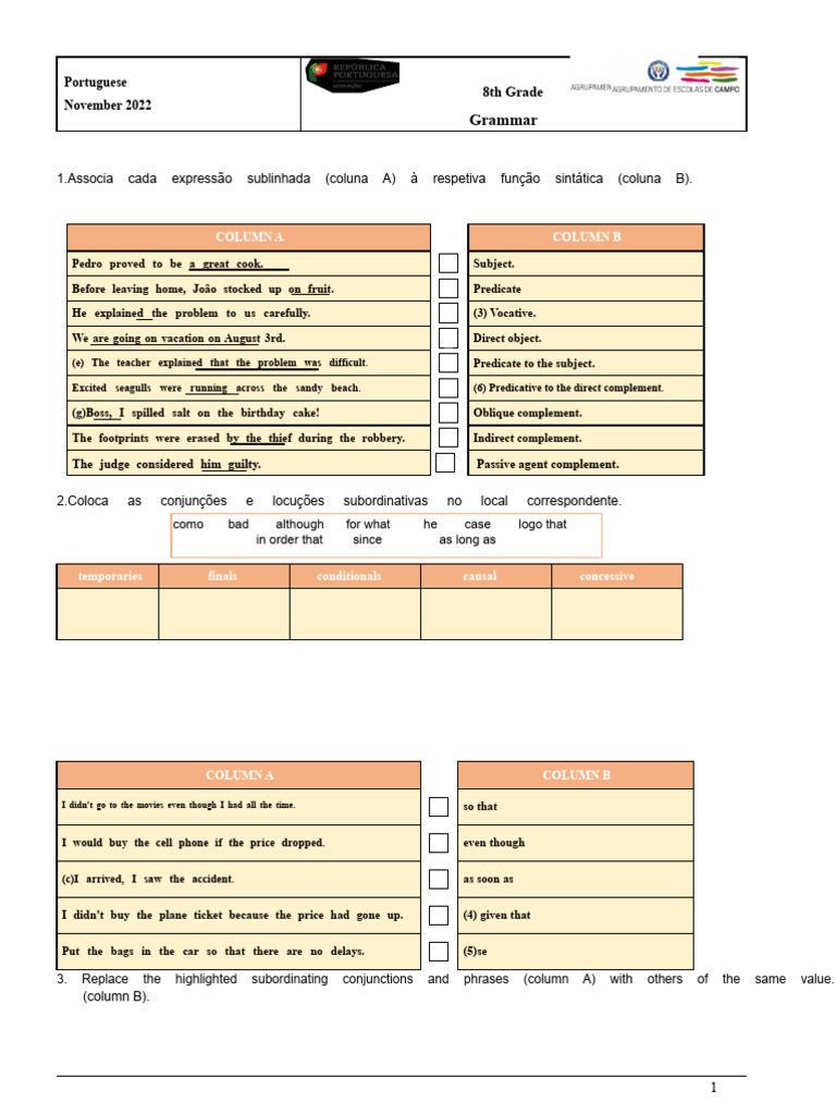Review sheet - 1- 8th grade _ sentences; Syntactic Functions and ...