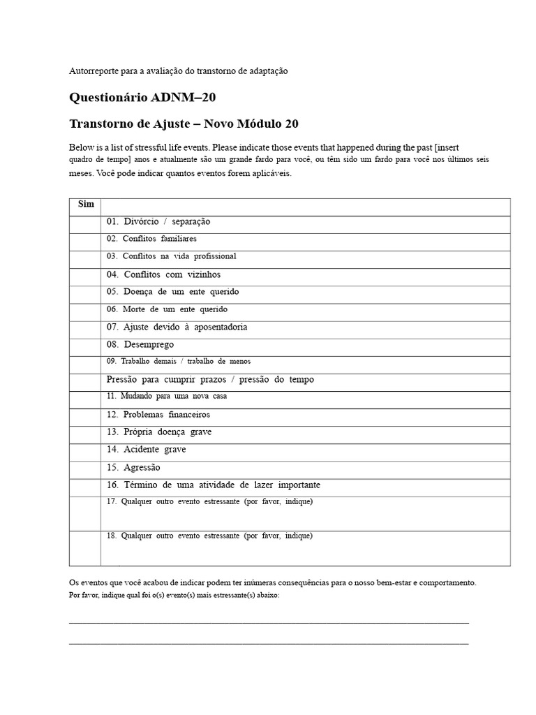 Avaliação do Transtorno de Ajuste ADNM-20 | PDF | Distúrbio mental | Tempo