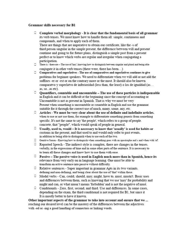 Essential Grammar Skills for B1 Level | PDF | Verb | Grammatical ...