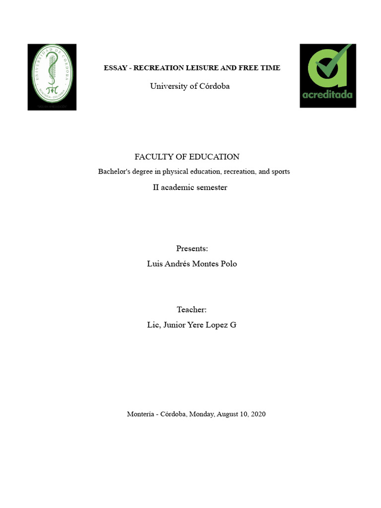 ESSAY - RECREATION, LEISURE, AND FREE TIME | PDF | Recreation | Leisure