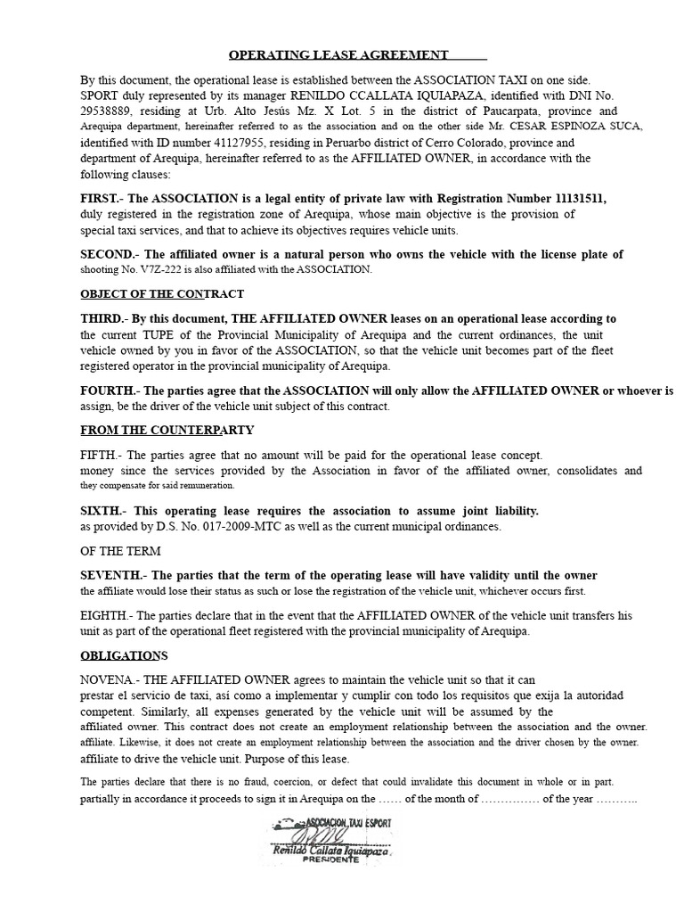 Operating Lease Agreement for Taxi Services | PDF | Lease | Civil Law ...