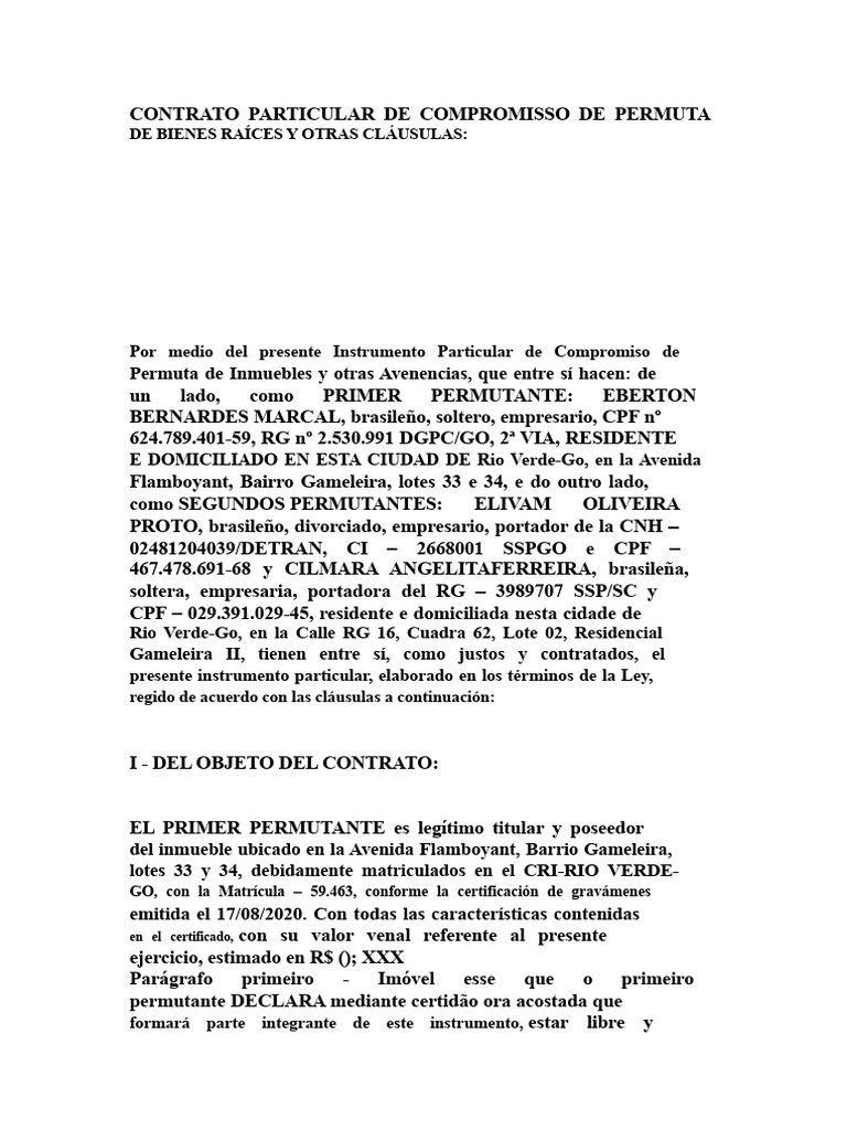 Contrato Particular de Compromiso de Permuta de Inmuebles y Otras ...