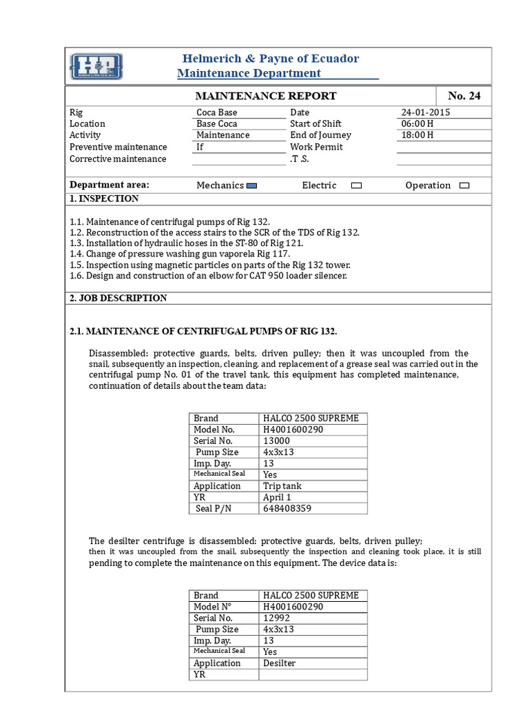 Helmerich & Payne Maintenance Report 24 | PDF | Pump | Mechanical ...