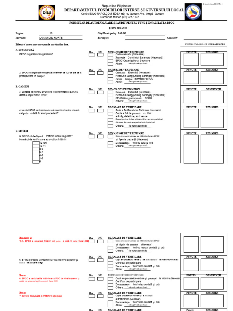 FORMULAR DE AUTOEVALUARE ȘI AUDIT BPOC (Formular BPOC 1) (1) | PDF