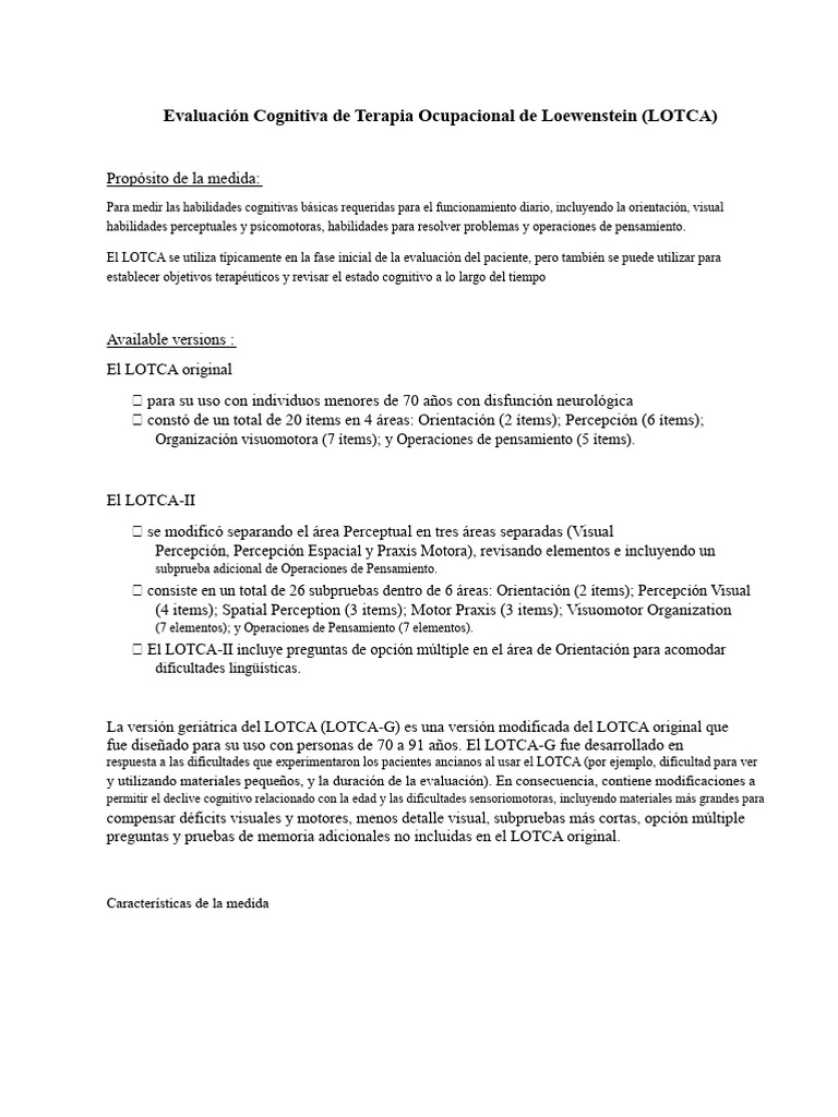 Evaluación Cognitiva LOTCA en Terapia Ocupacional | PDF | Terapia ...