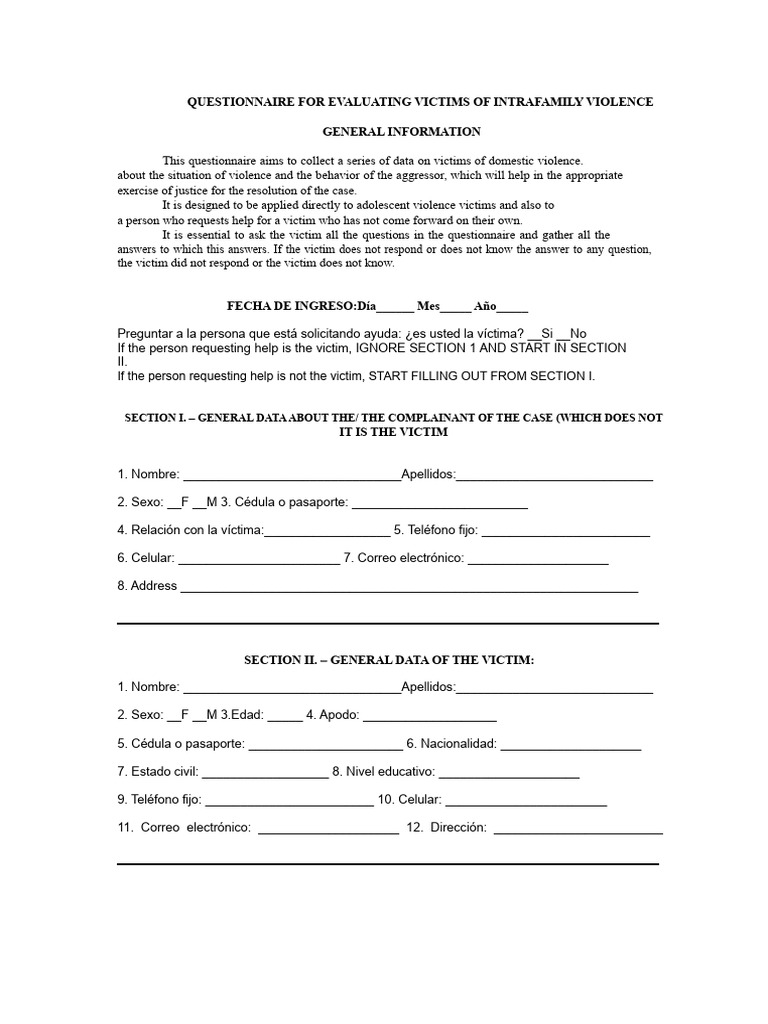 Questionnaire For Evaluating Victims of Intrafamily Violence | PDF ...