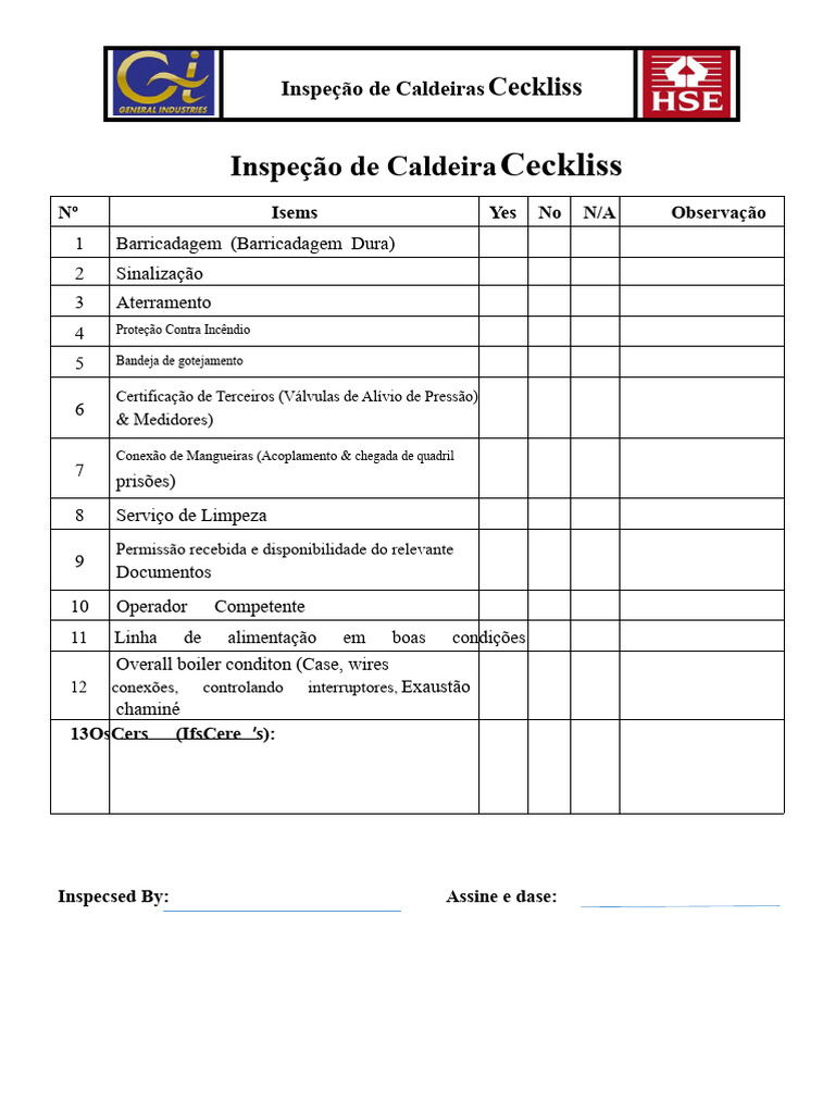 Inspeção de Caldeiras Ceckliss: Checklist | PDF