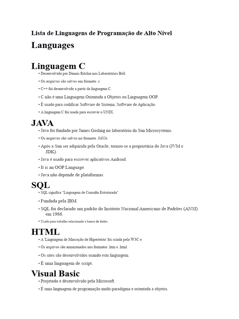 Principais Linguagens de Programação | PDF | Linguagem de programação ...
