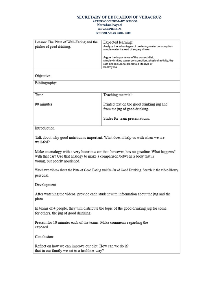 Healthy Eating and Hydration Lesson Plan | PDF