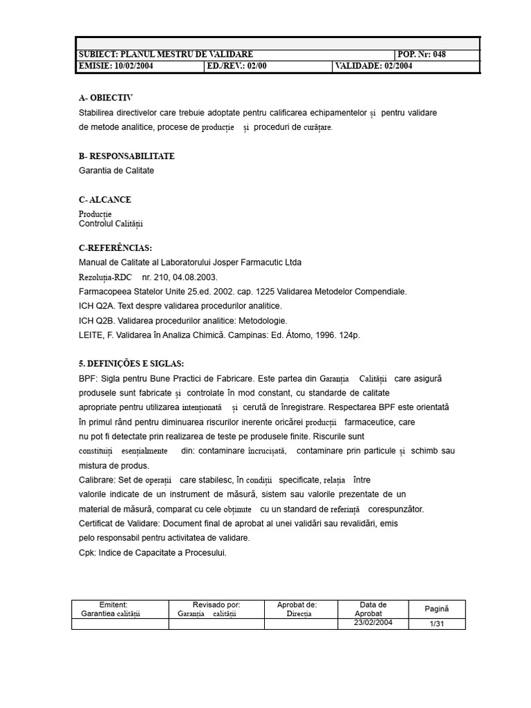 Exemplu de Plan de Validare | PDF