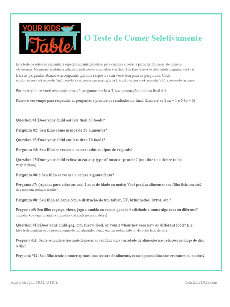 Teste de Seletividade Alimentar Infantil | PDF | Alimentos | Gosto
