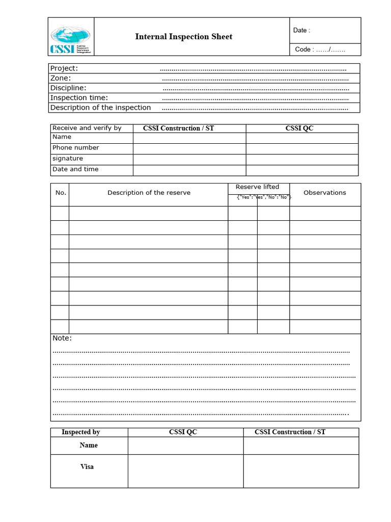 Internal Inspection Sheet Template | PDF