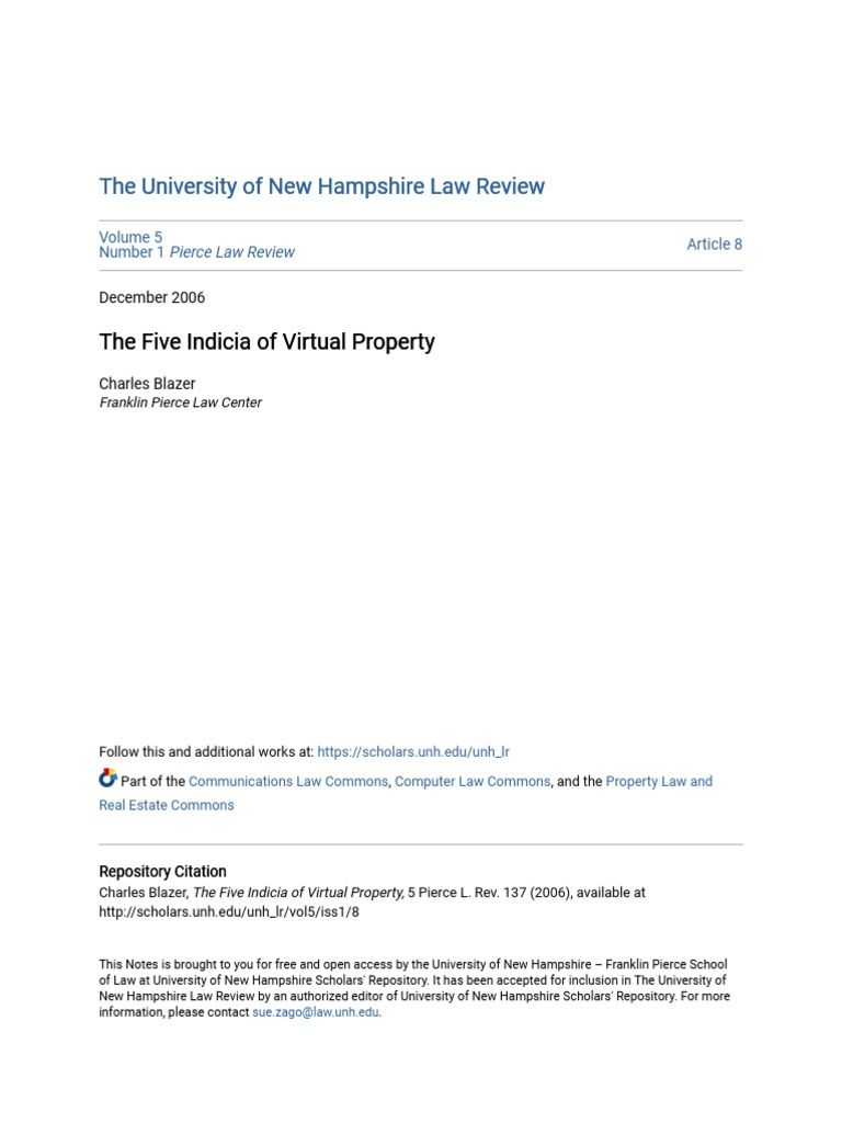 The Five Indicia of Virtual Property | PDF | Property