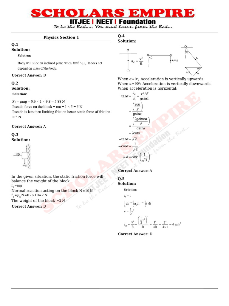 JEE Main Physics and Mathematics Solutions | PDF | Momentum | Applied ...