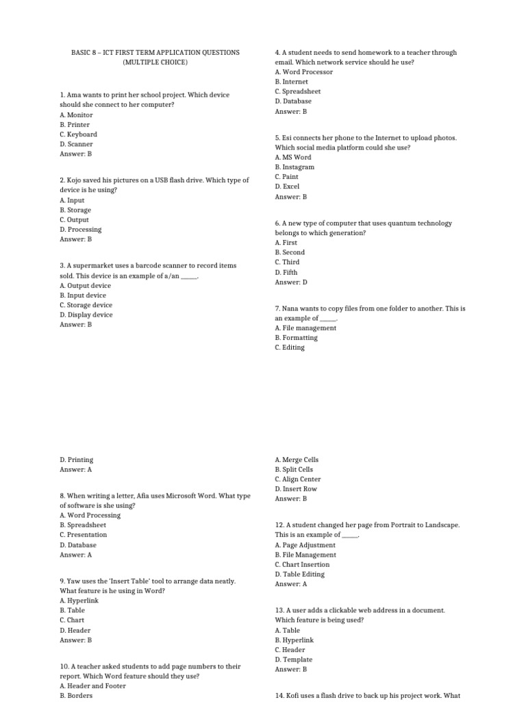 ICT First Term MCQ Practice Questions | PDF | Computer File | Microsoft ...