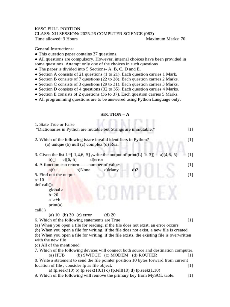 Class XII Computer Science Exam Paper 2025-26 | PDF | Parameter ...