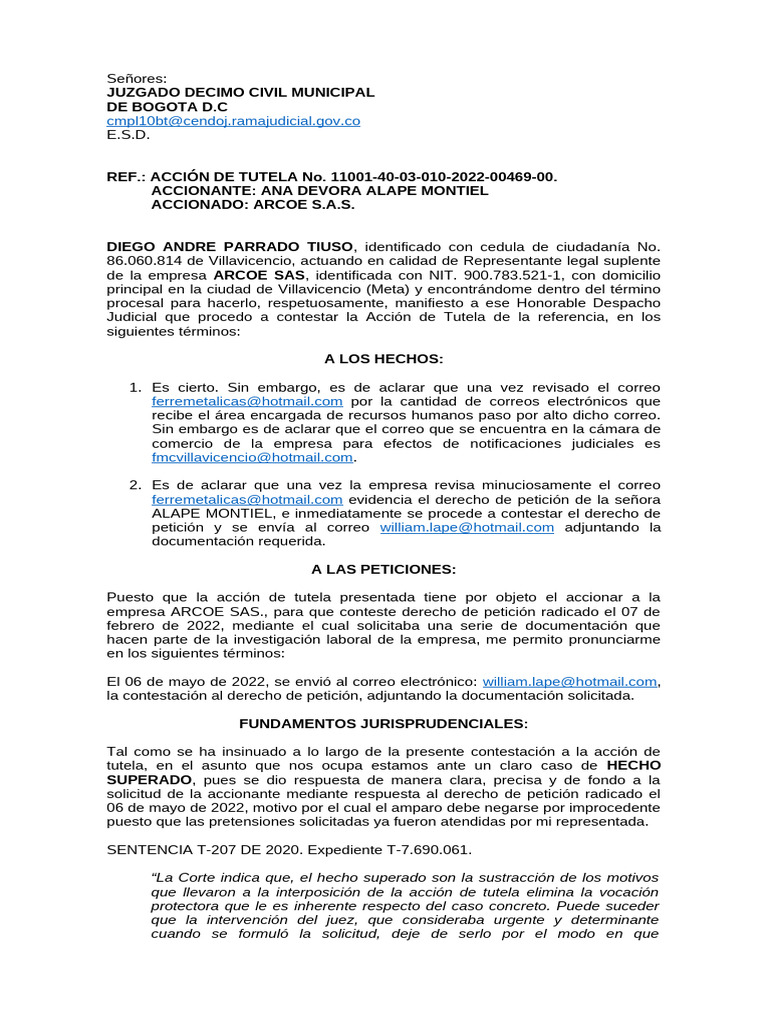 Respuesta a Acción de Tutela ARCOE SAS | PDF | Justicia | Crimen y ...