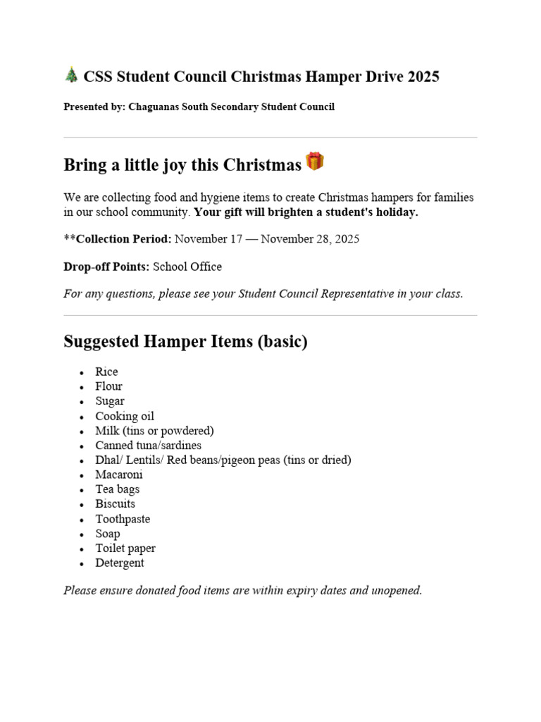 ? CSS Student Council Christmas Hamper Drive 2025 | PDF
