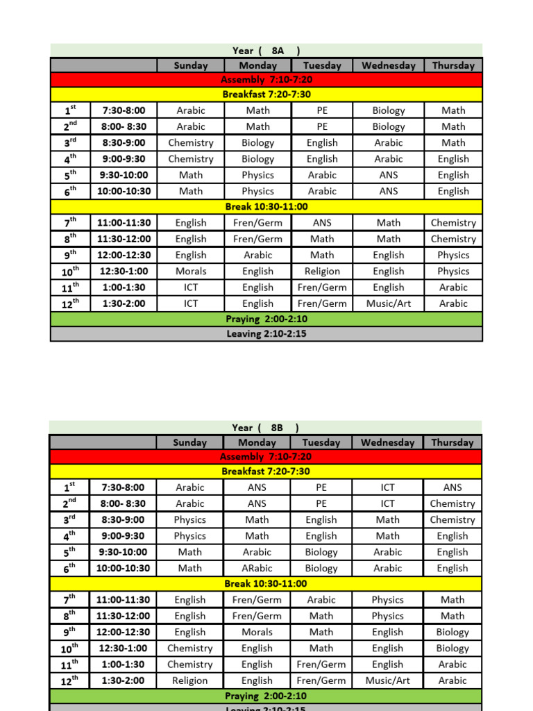2025-2026 Grade 8 Timetables | PDF | Military Operations