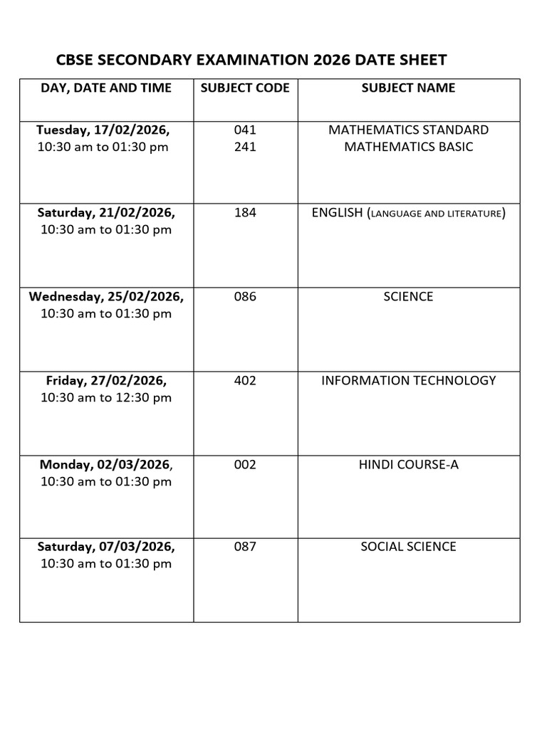 CBSE 2026 Secondary Exam Date Sheet | PDF