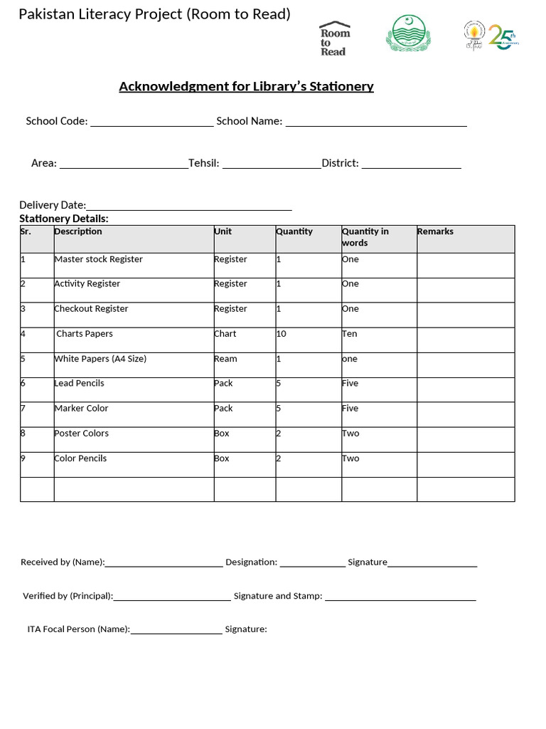 Acknowledgment For Classroom Library's Stationery | PDF