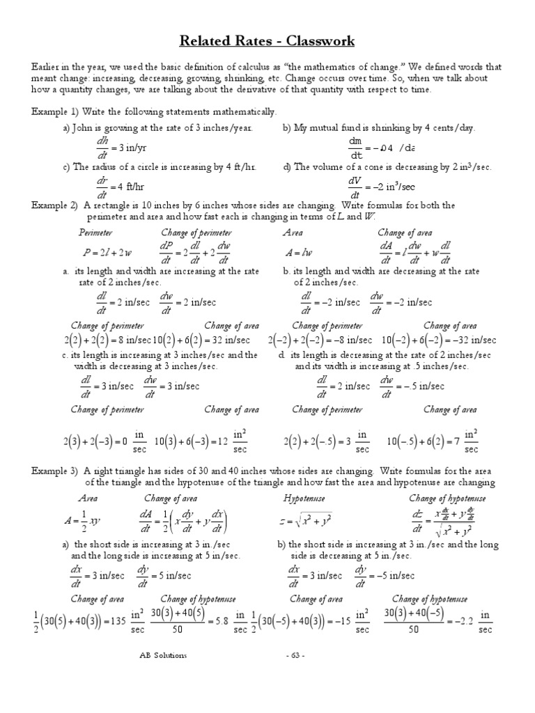 Related Rates Solutions Variable (Mathematics) Equations