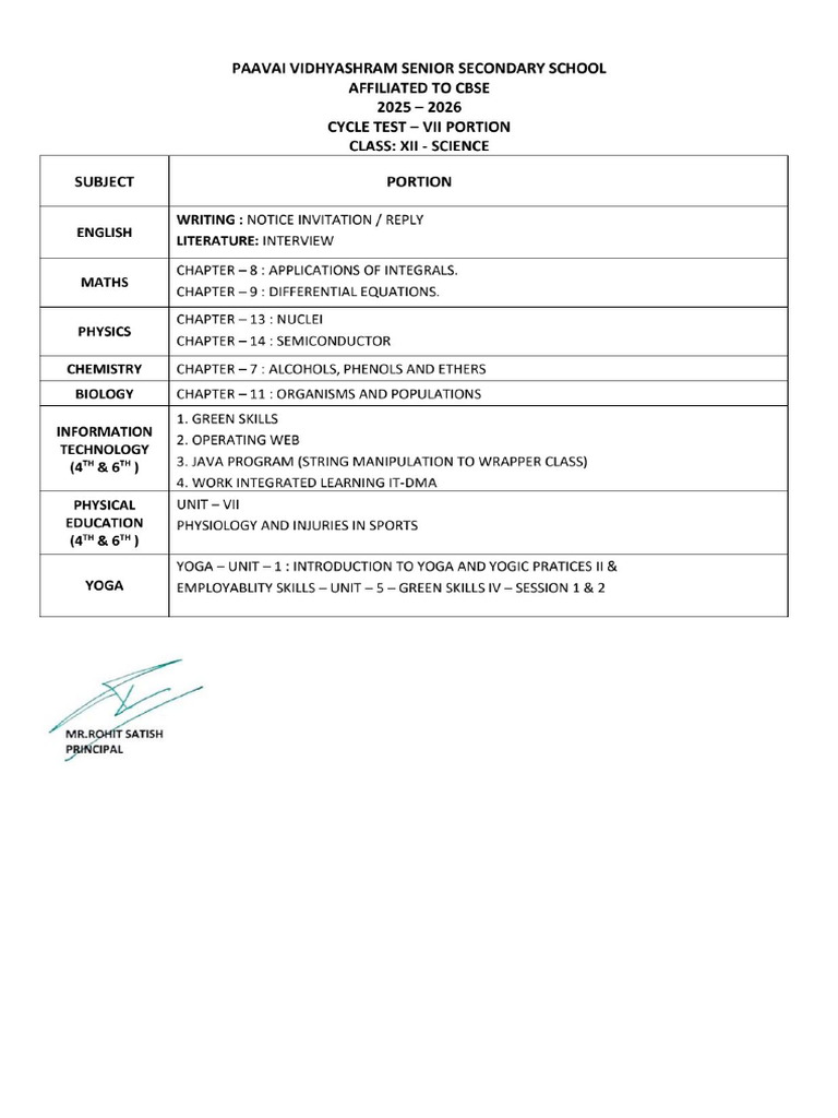 Class - 12 - Science - CT - 7 - Portion - 2025 - 2026 | PDF